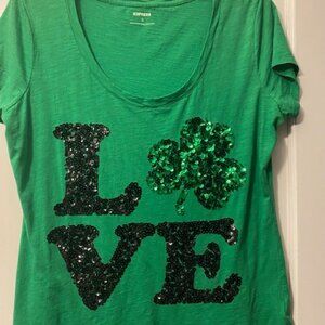 Express St. Patrick's Day Tee Sequin Embellished LOVE SS Popover T-Shirt Large